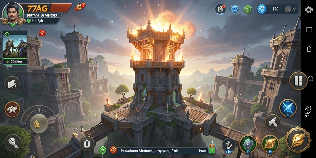Screenshot utama 77AG menunjukkan aksi pertahanan menara yang mendebarkan.