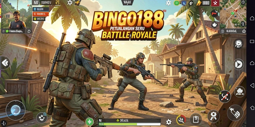 Tampilan gameplay seru di BINGO188 dengan aksi pertempuran Battle Royale.