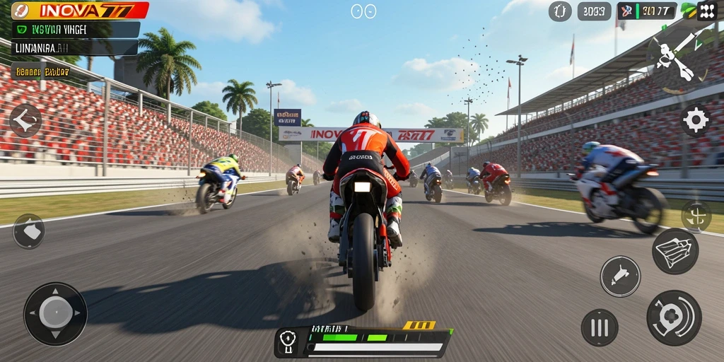 Screenshot gameplay INOVA77 menampilkan aksi balap yang seru dan mendebarkan.