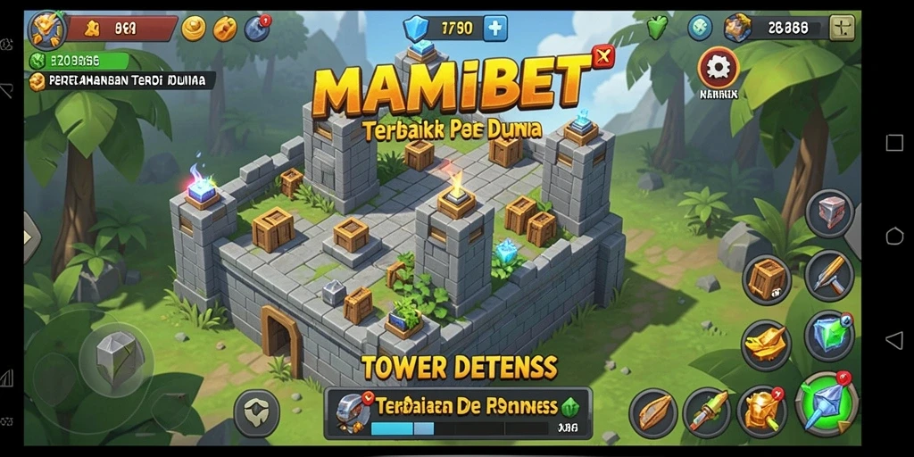 Screenshot MAMIBET menunjukkan menara yang siap menghadapi musuh dalam gameplay Tower Defense.