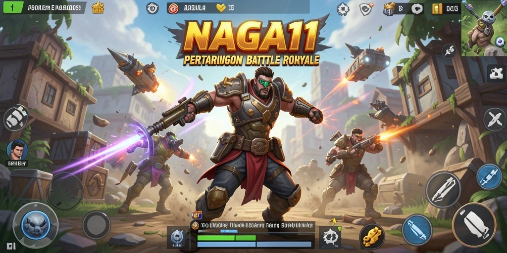 Screenshot NAGA11 menampilkan aksi intens di arena Battle Royale.