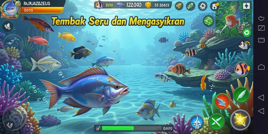 Screenshot gameplay RAJAZEUS menampilkan aksi Tembak Ikan yang seru.
