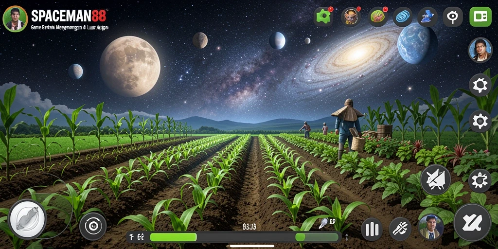 Tampilan gameplay menarik dari SPACEMAN88 yang menunjukkan aktivitas bertani di luar angkasa.