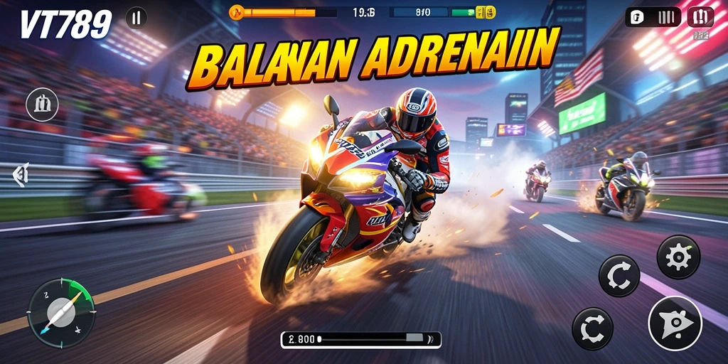 Screenshot VT789 menampilkan aksi balap motor yang mendebarkan di trek yang menantang.